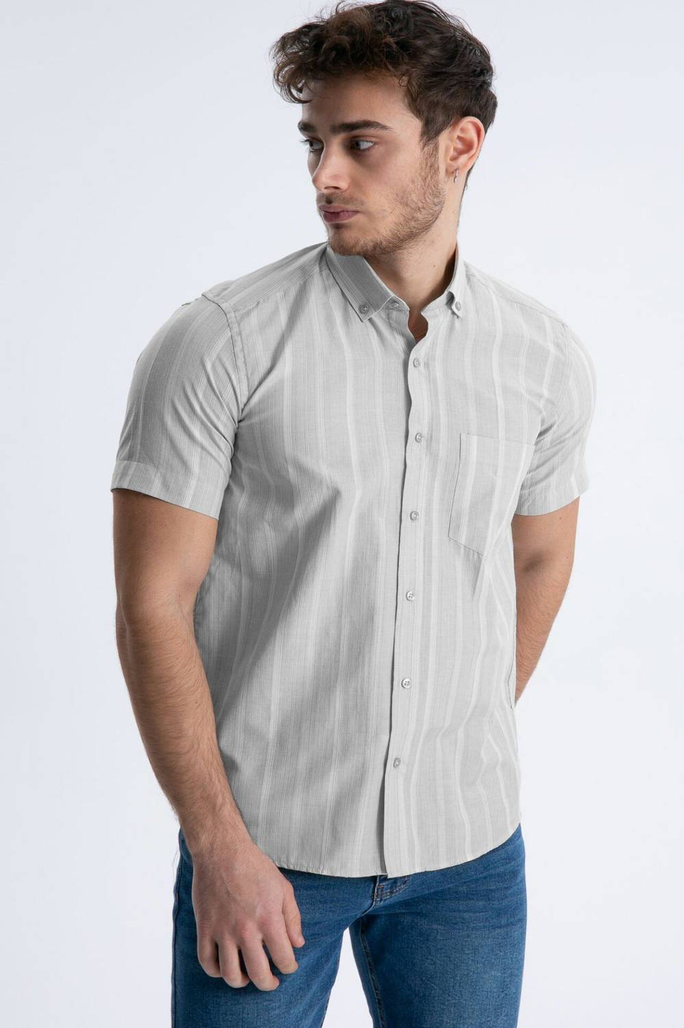 Varetta Men's Gray Short Sleeve Striped Summer Cotton Shirt