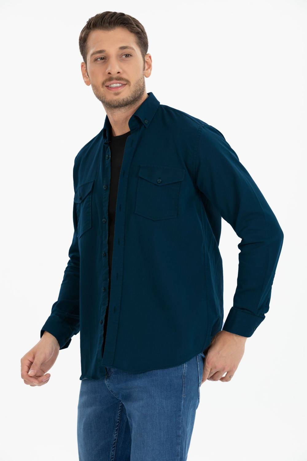 Мужская рубашка из денима с длинным рукавом Varetta, классический крой, 2 кармана, бирюзового цвета, 100% хлопок, размер M