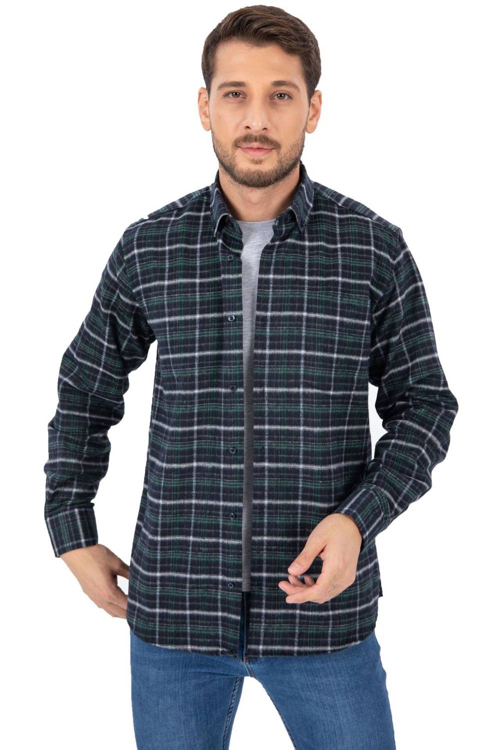 قميص Varetta رجالي ذو مربعات باللون الأخضر الفحمي وأكمام طويلة وجيب شتوي