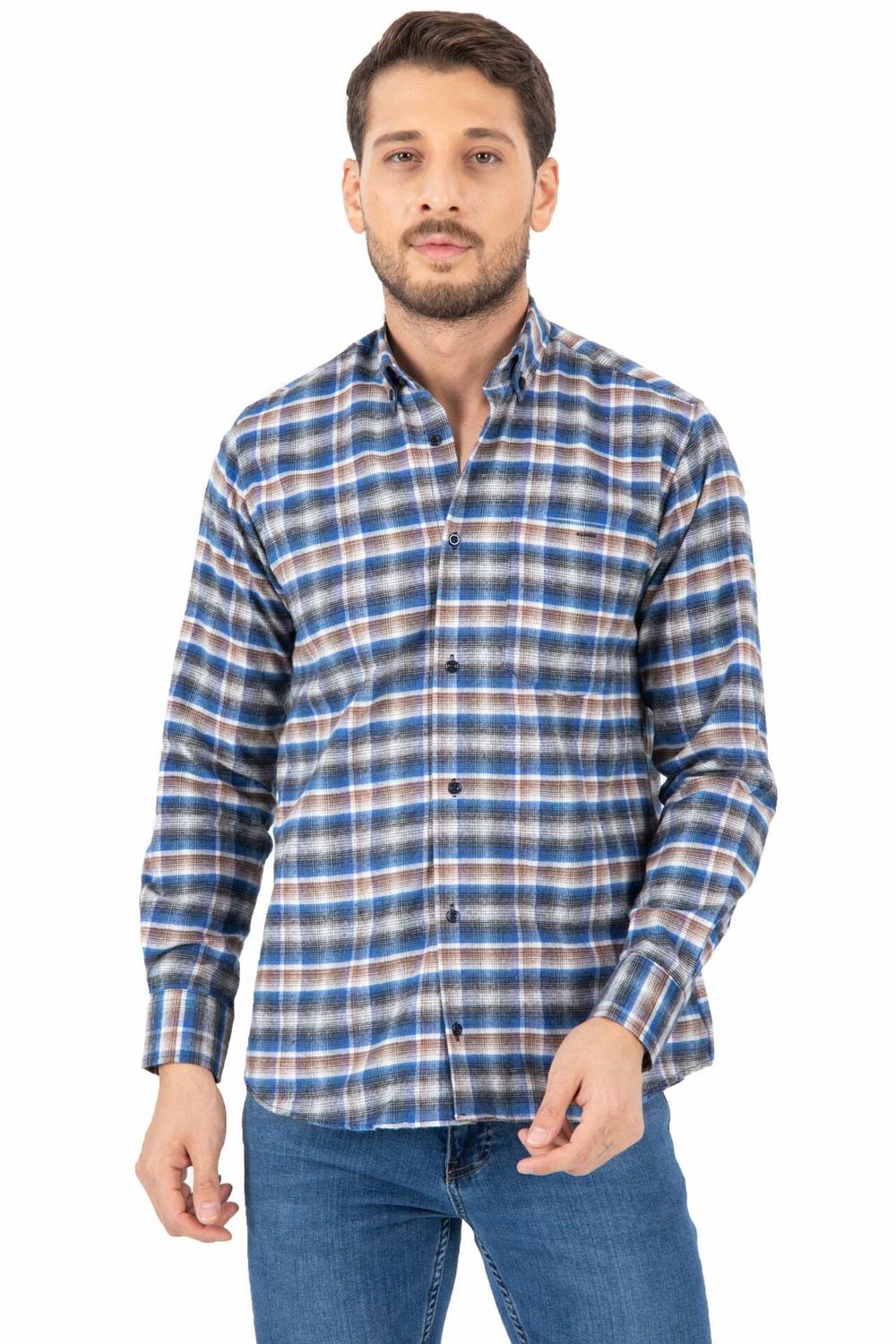 Varetta Men's Blue Striped Winter Pocketed Long Sleeve Classic Cut Shirt
