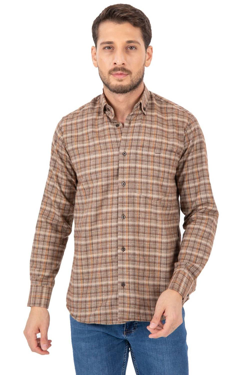 Varetta Men's Brown Striped Winter Pocketed Long Sleeve Classic Cut Shirt