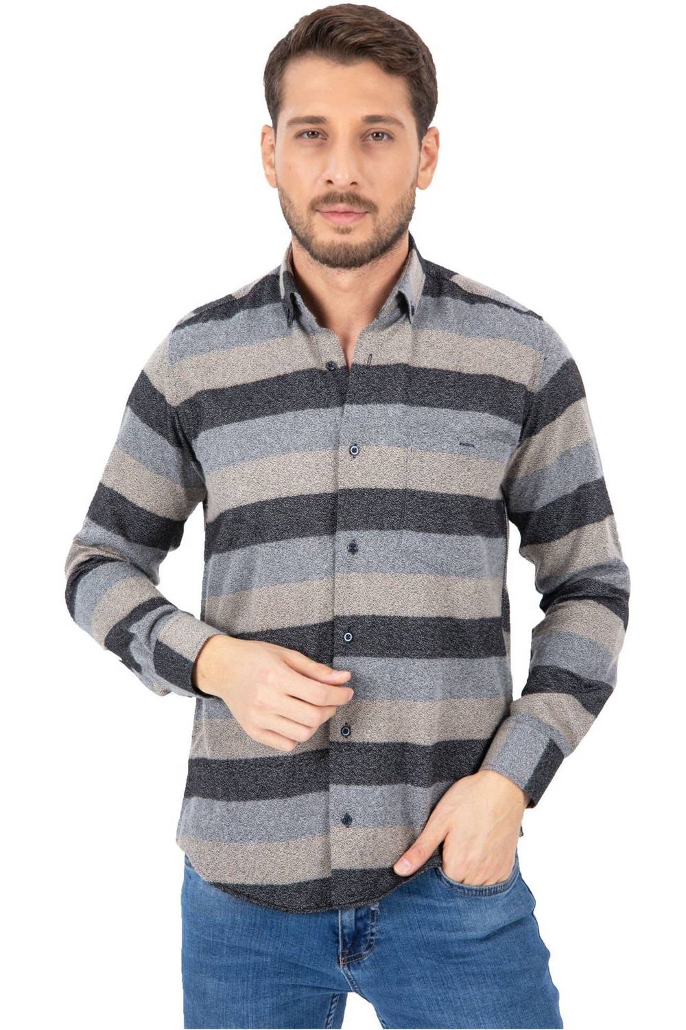 Varetta Men's Gray Gold Striped Winter Pocket Long Sleeve Classic Cut Shirt