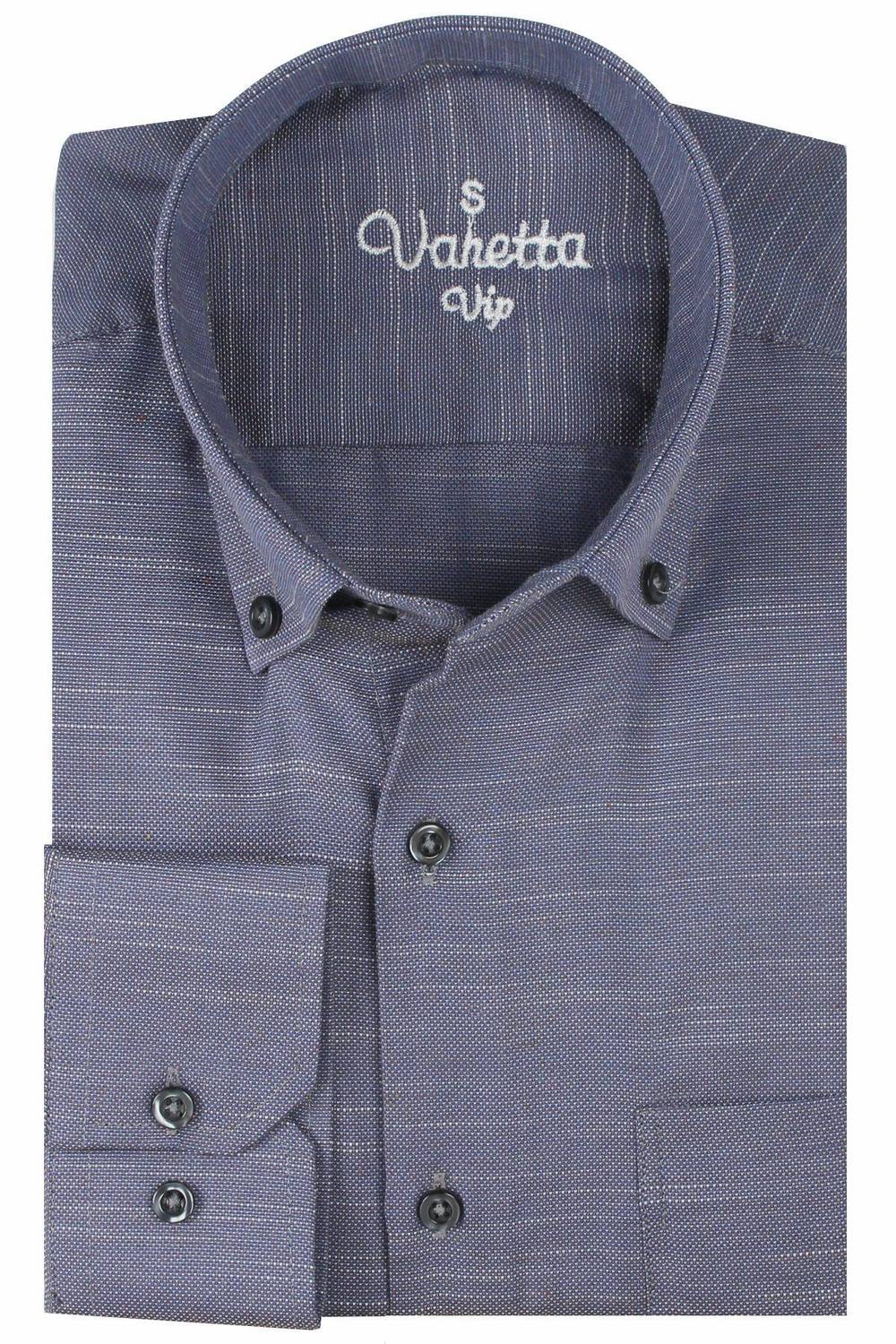 Varetta Erkek Koyu Mor Düz Uzun Kollu Pamuklu Keten Efektli Yaka Düğmeli Gömlek