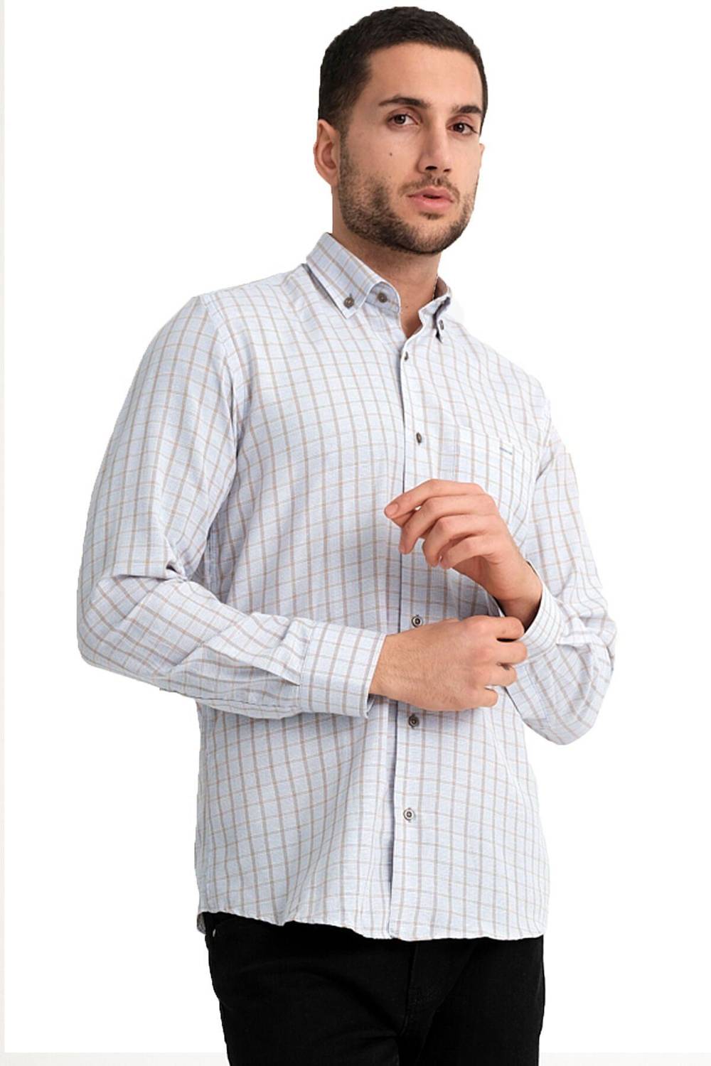 قميص Varetta رجالي أزرق بأكمام طويلة ومربعات وياقة كلاسيكية وجيب وأزرار