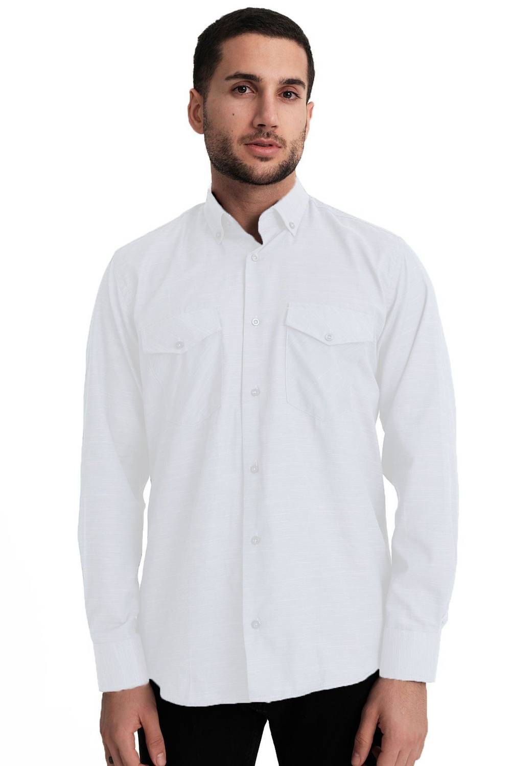 Varetta Men's White Flap Double Pocket Solid Color Long Sleeve Cotton Shirt
