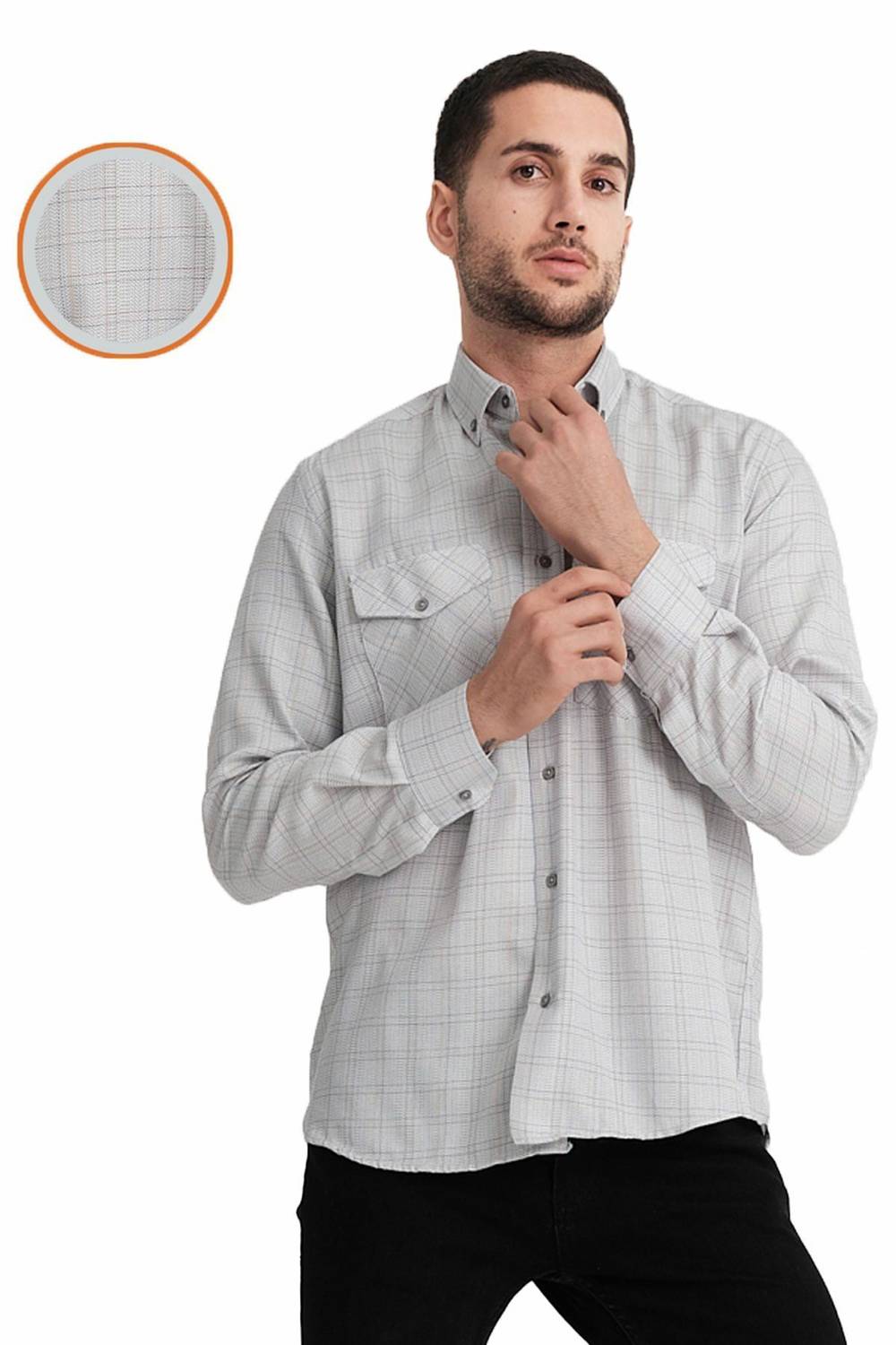 Varetta Men's Gray Flap Double Pocket Long Sleeve Checked Linen Effect Shirt