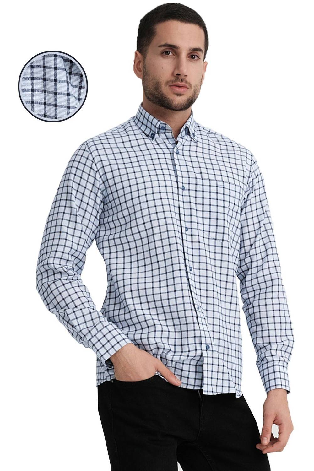 Varetta Erkek Mavi Uzun Kollu Kareli Klasik Kesim Cepli Yaka Düğmeli Gömlek