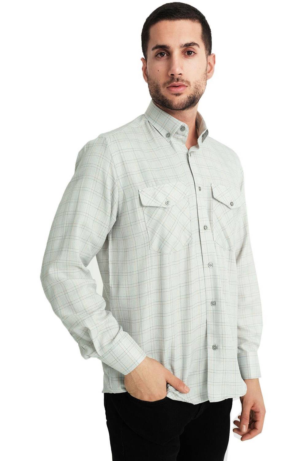 Varetta Men's Green Flap Double Pocket Long Sleeve Checked Linen Effect Shirt