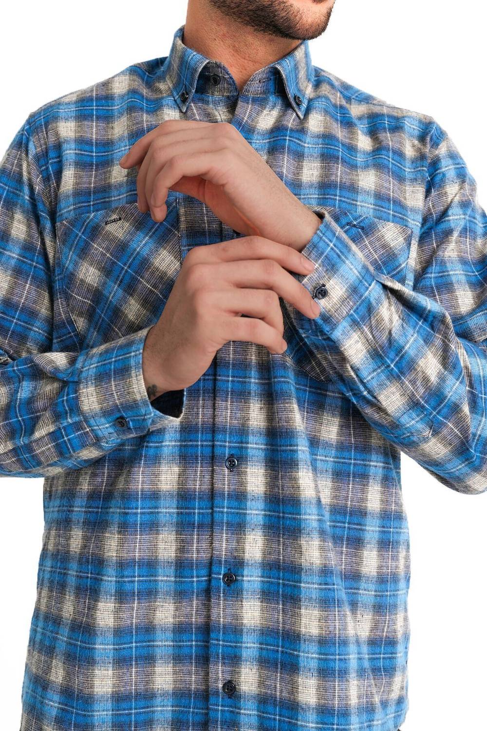 Varetta Men's Blue Double Pocket Winter Checkered Shirt