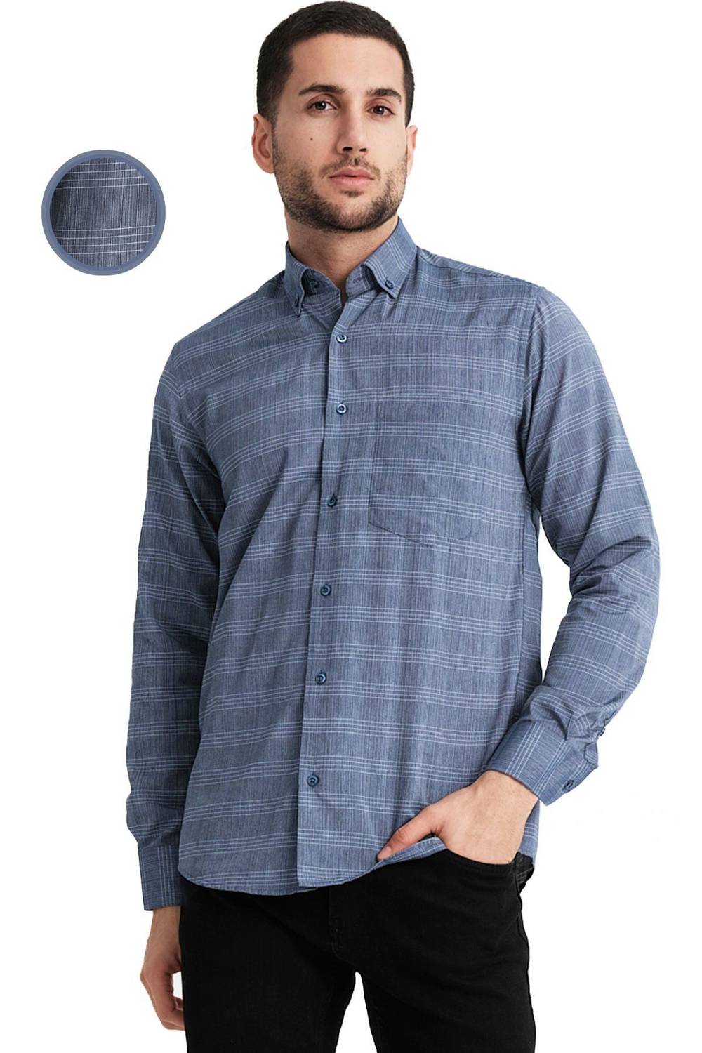 قميص رجالي من Varetta بجيب مربعات باللون الأزرق وأكمام طويلة