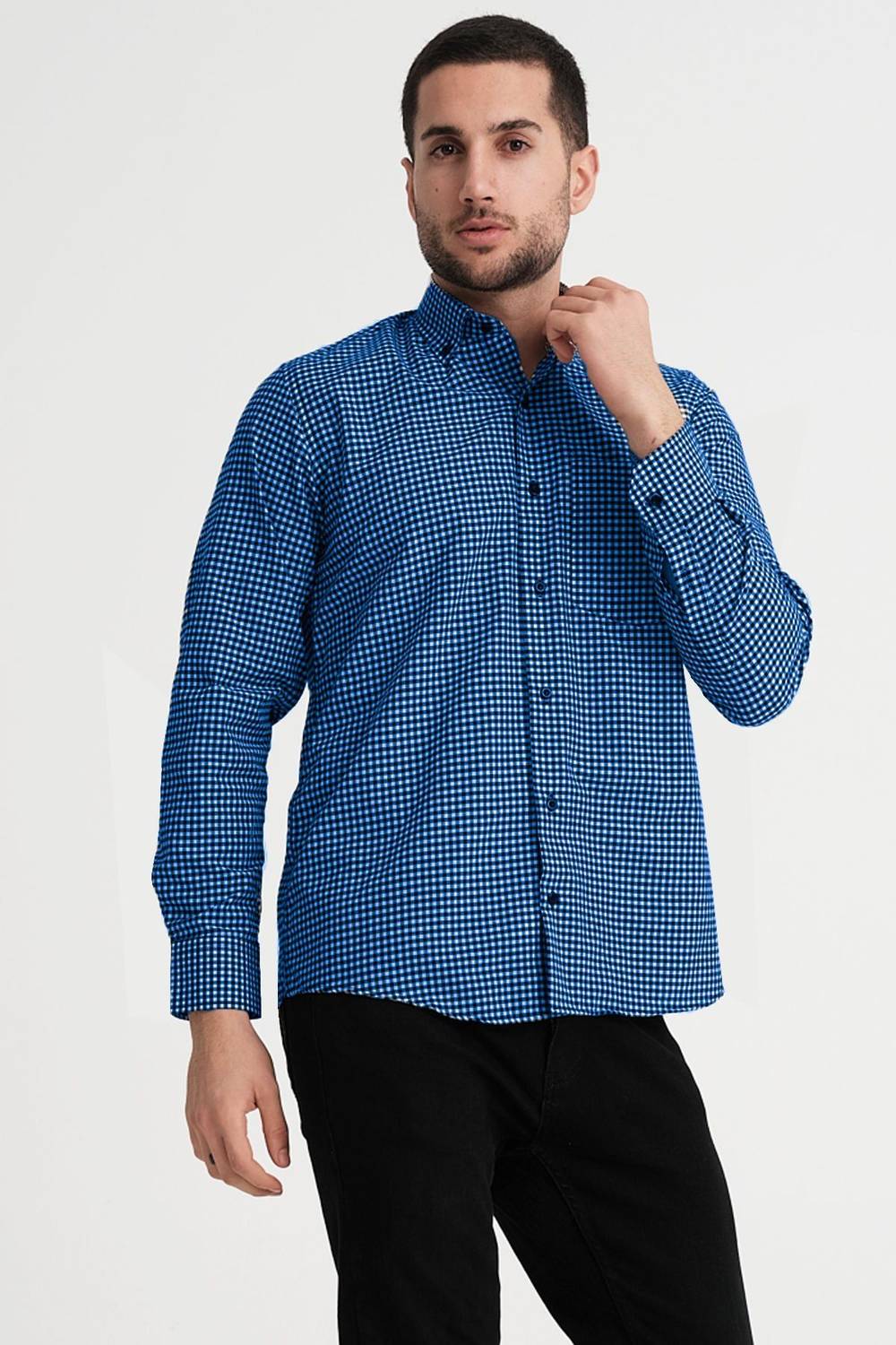 Чоловіча синя клітчата сорочка з довгим рукавом Varetta з кишенею