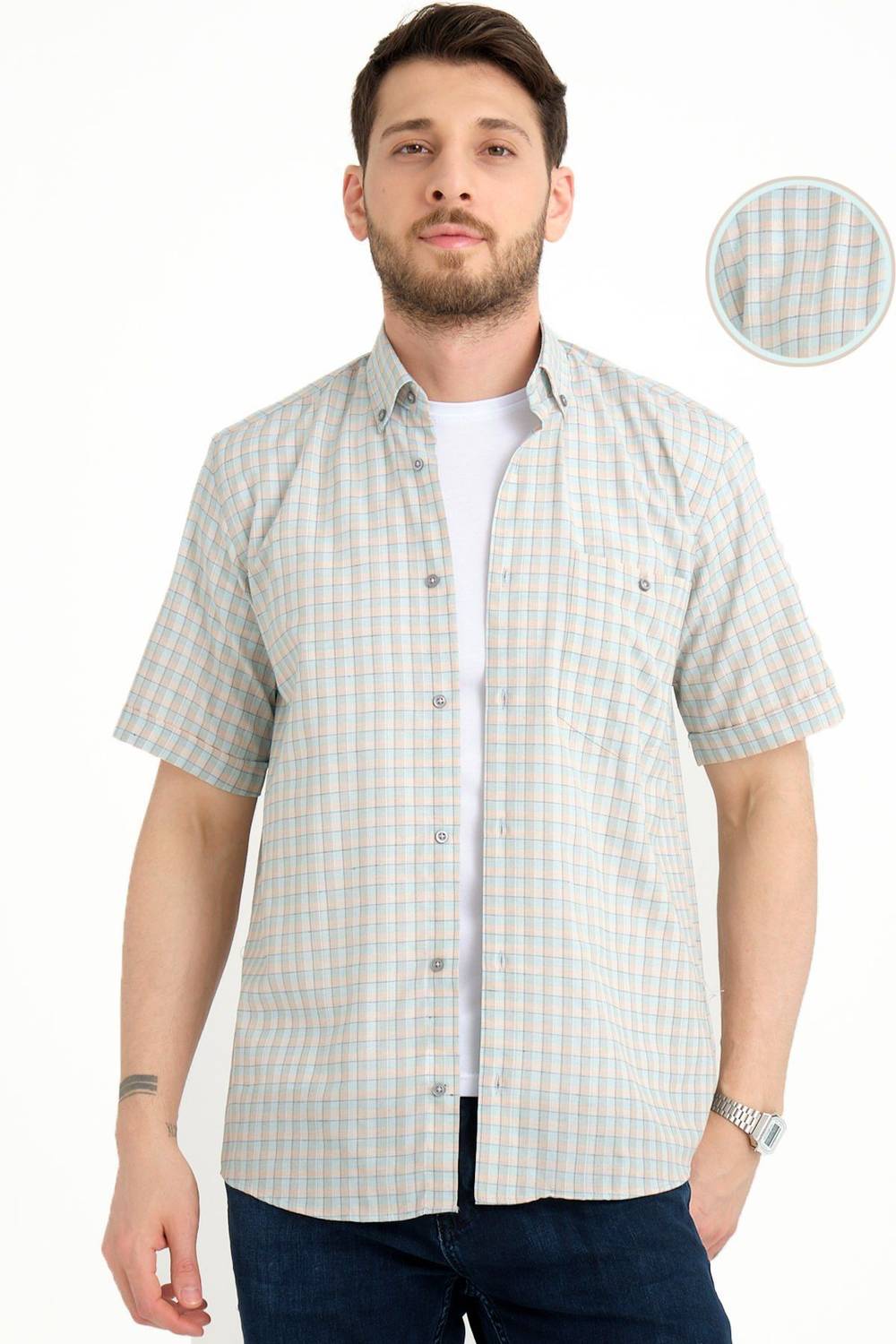 Varetta Erkek Yeşil Kısa Kollu Kareli Cepli Pamuklu Gömlek