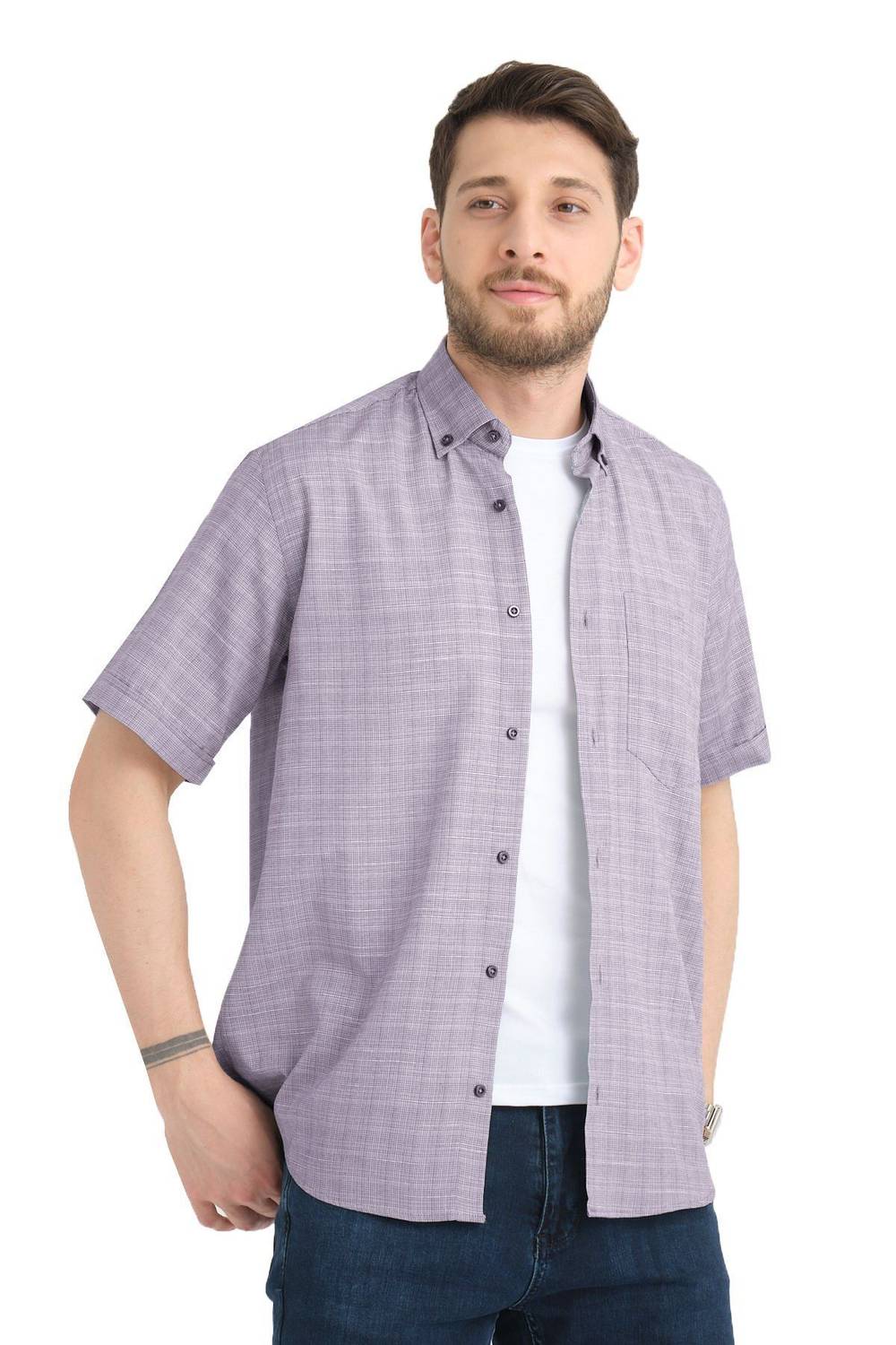 Varetta Erkek Mürdüm Kısa Kollu Kareli Cepli Pamuklu Gömlek
