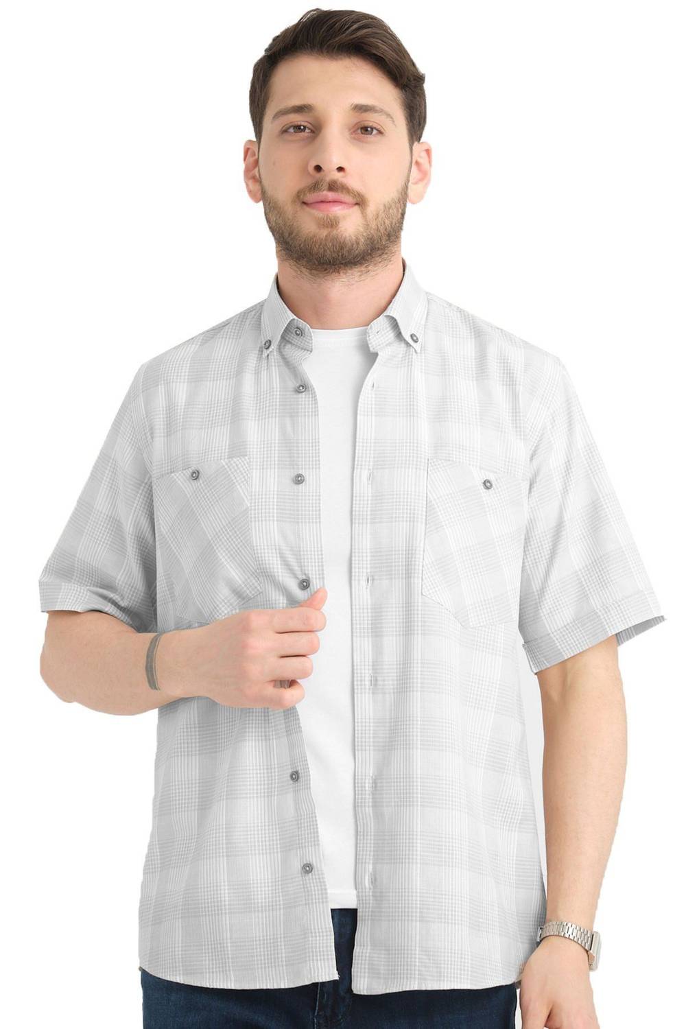 Varetta Erkek Gri Kısa Kollu Kareli Cepli Pamuklu Gömlek