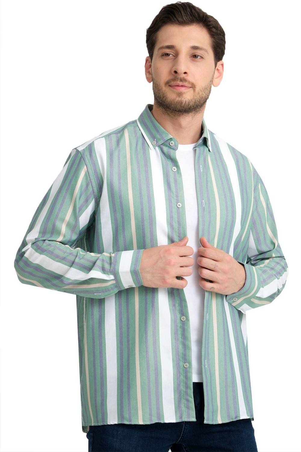 Футболка з довгим рукавом без кишень Varetta зелена в смужку з льону та бавовни класичного крою