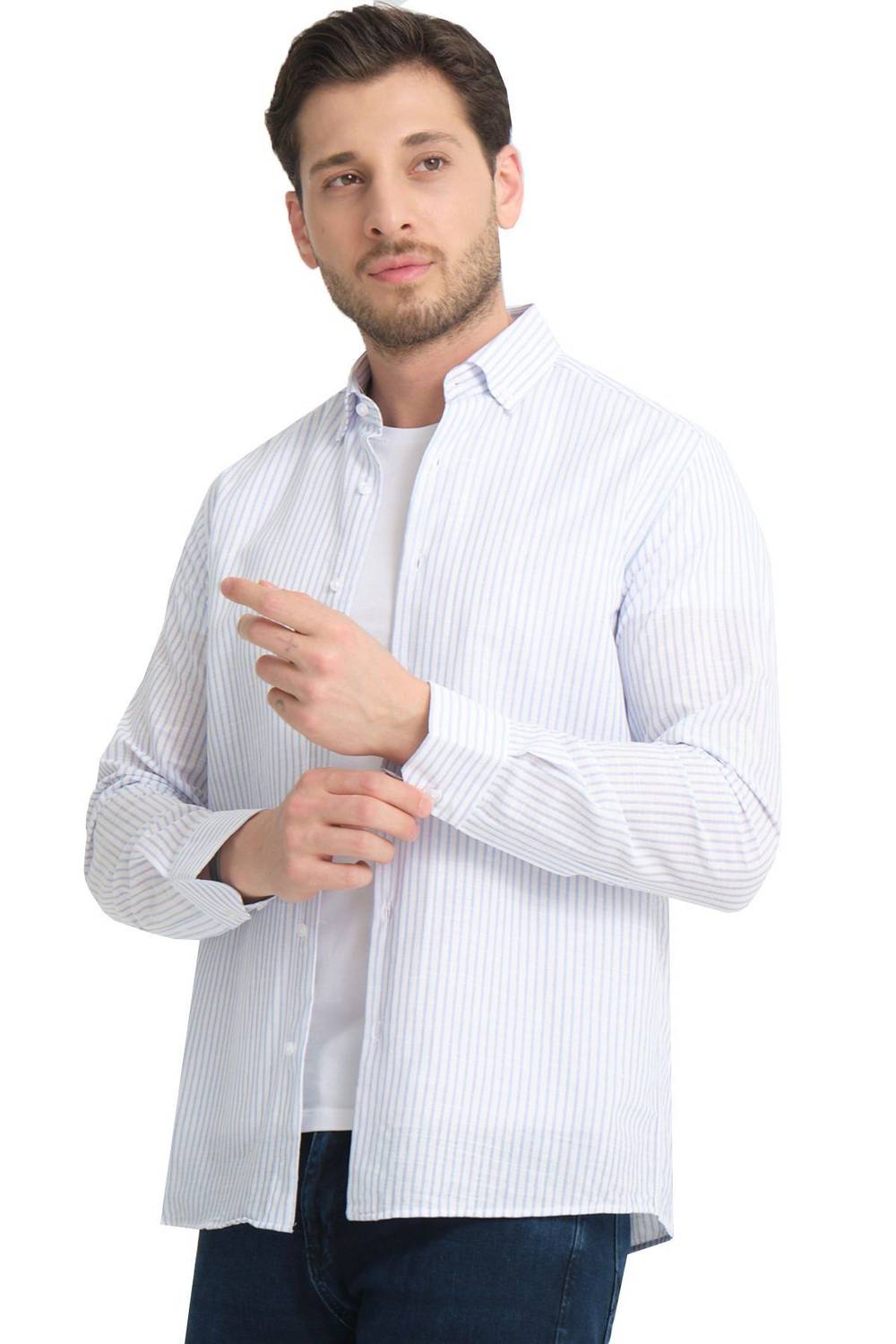 Varetta Mavi Çizgili Keten Pamuklu Cepsiz Uzun Kollu Gömlek