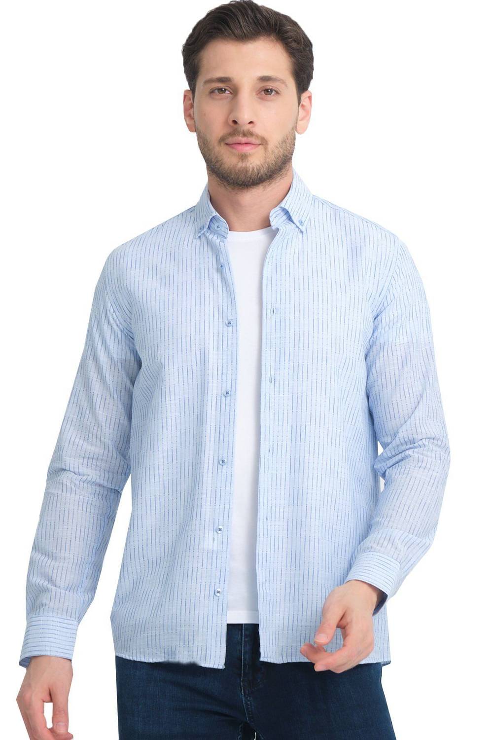 Varetta Mavi Çizgili Keten Pamuklu Cepsiz Uzun Kollu Gömlek