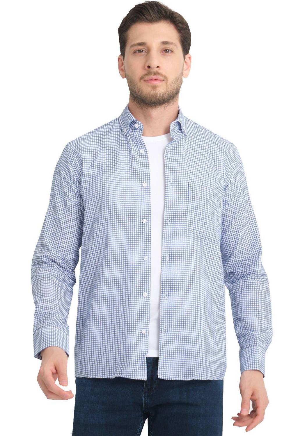 Синя клітинна сорочка з довгими рукавами з бавовни з кишенями Varetta