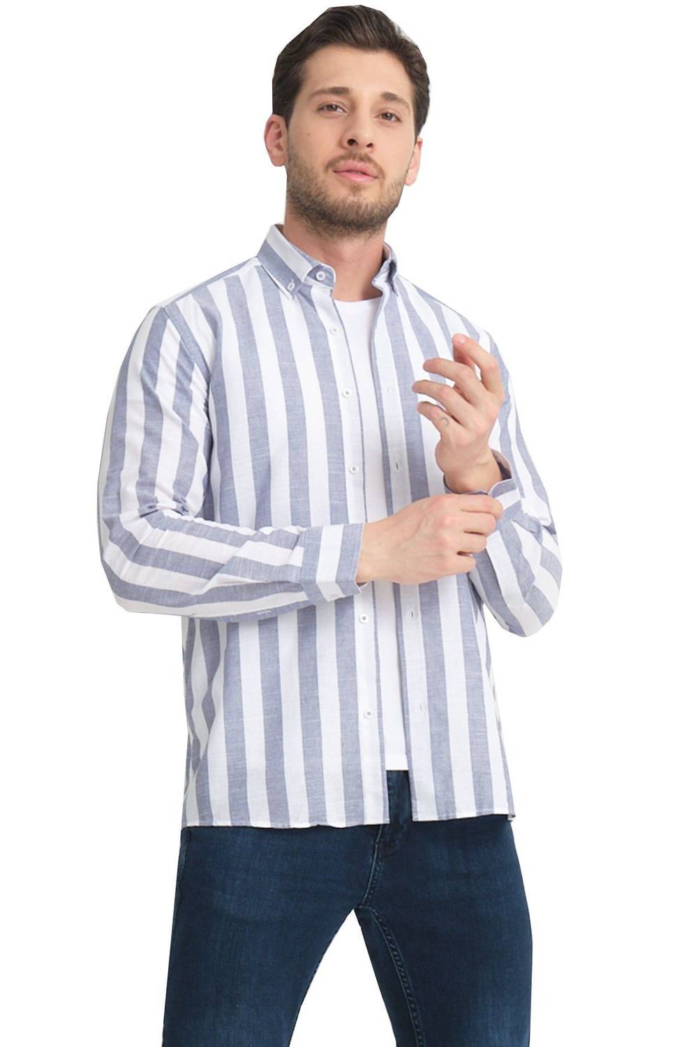 Varetta Mavi Çizgili Keten Pamuklu Cepsiz Uzun Kollu Gömlek