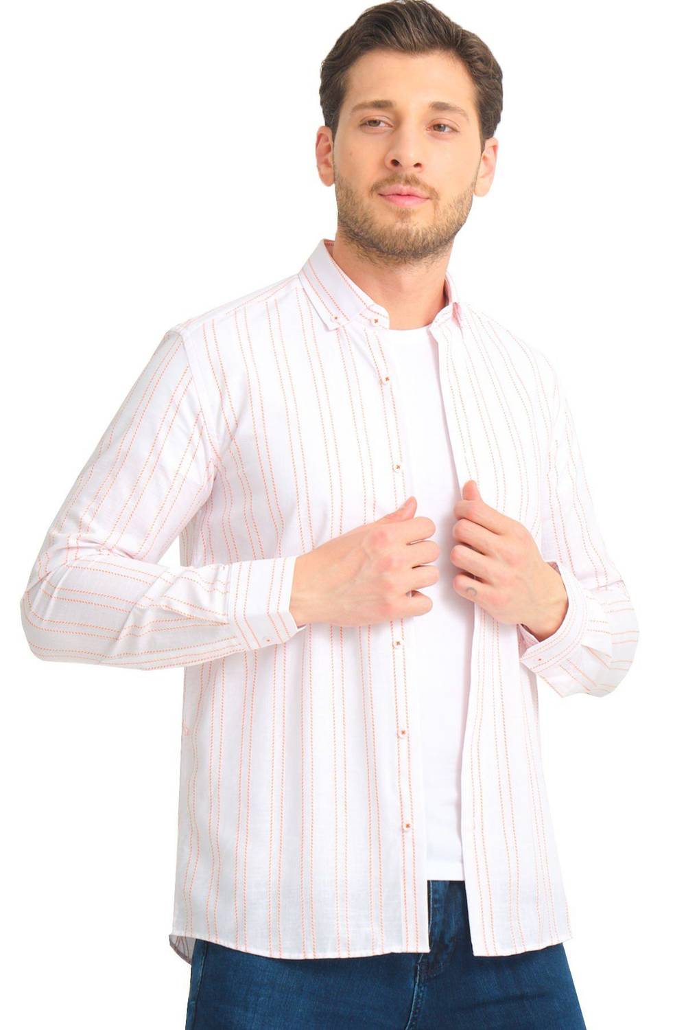 Varetta Beyaz Çizgili Keten Pamuklu Cepsiz Uzun Kollu Gömlek