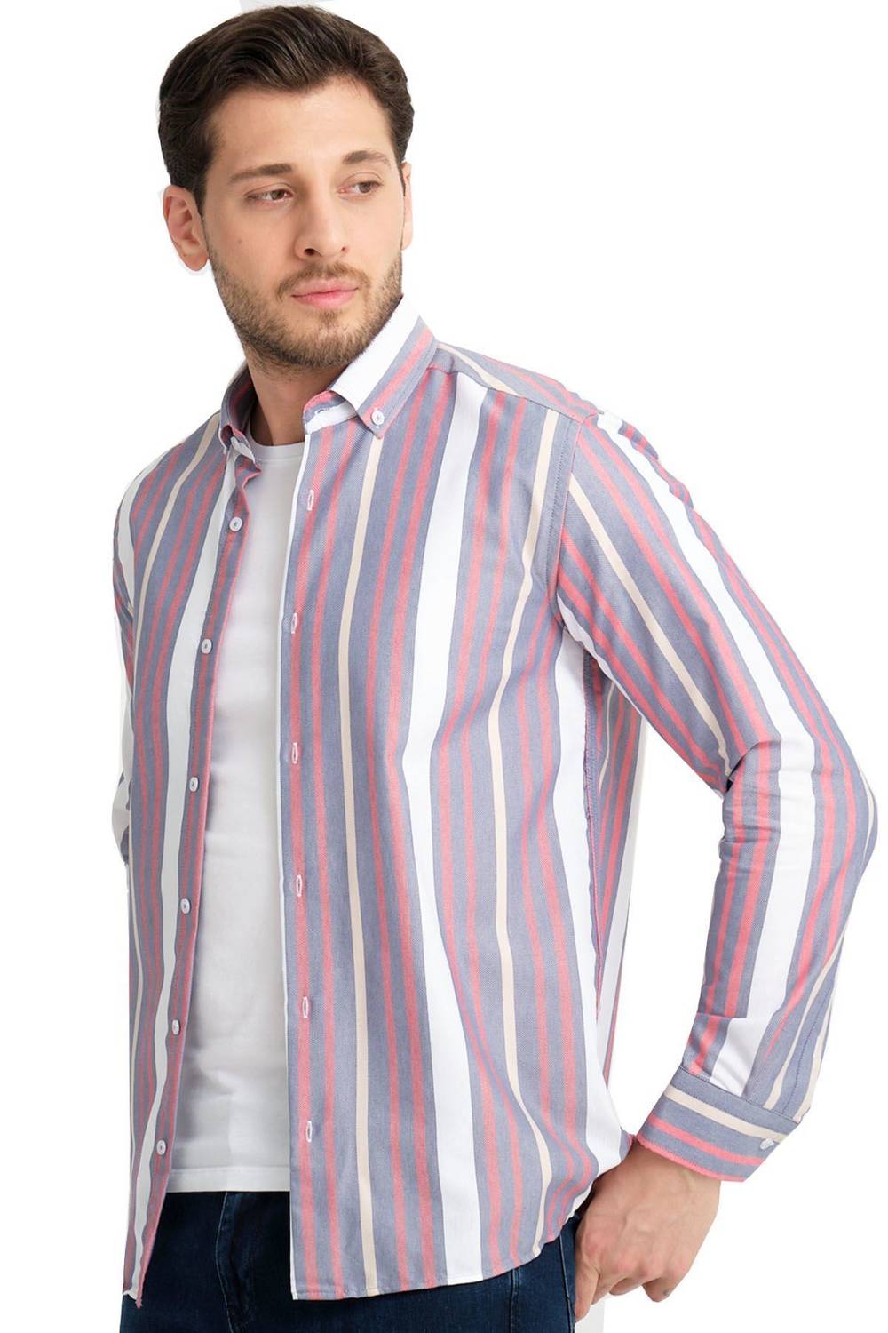 Varetta Mavi Pembe Çizgili Keten Pamuklu Cepsiz Uzun Kollu Gömlek