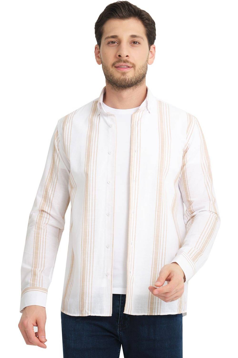 Varetta Bej Beyaz Çizgili Keten Pamuklu Cepsiz Uzun Kollu Gömlek