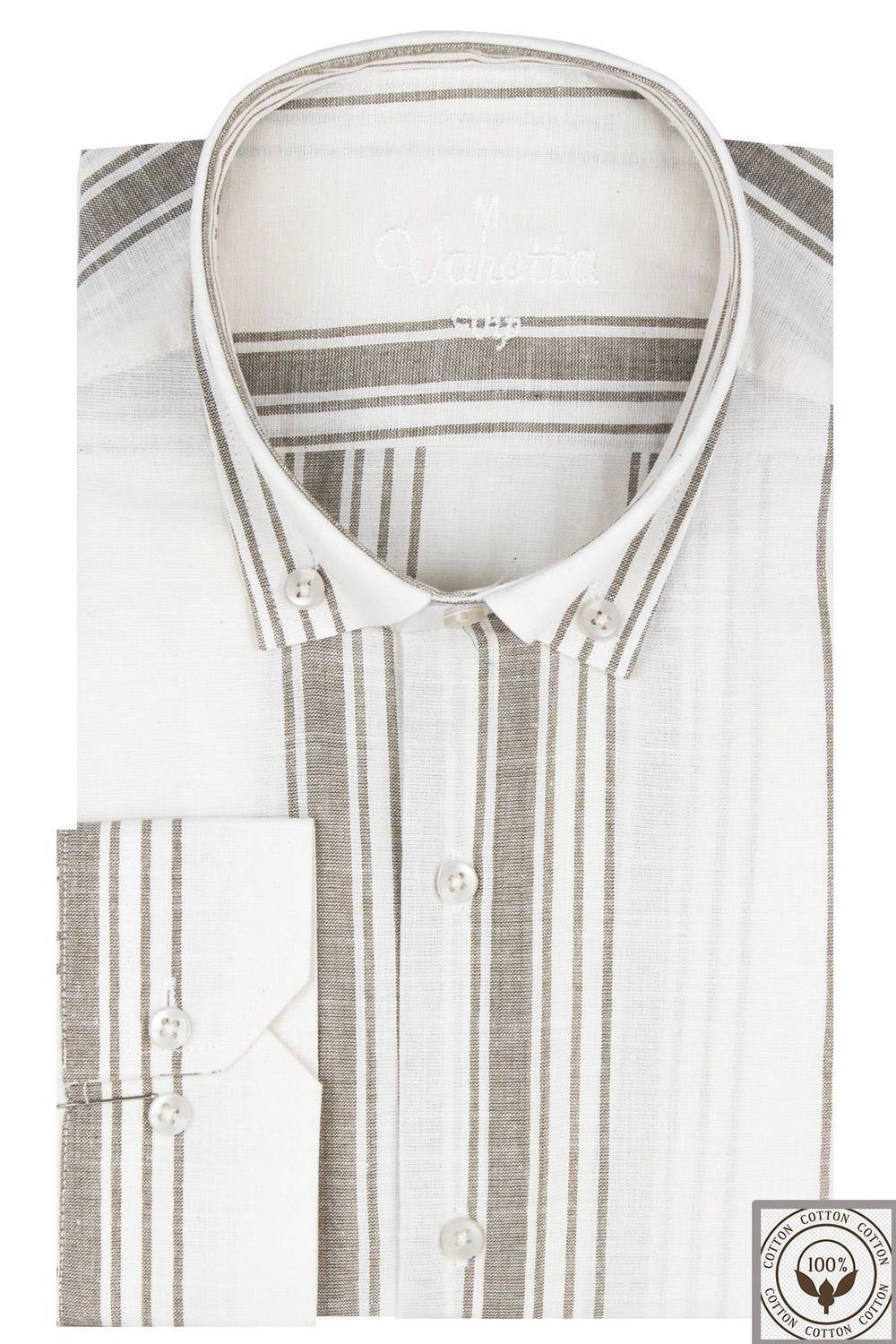 Varetta Haki Yeşil Çizgili Keten Pamuklu Cepsiz Uzun Kollu Gömlek