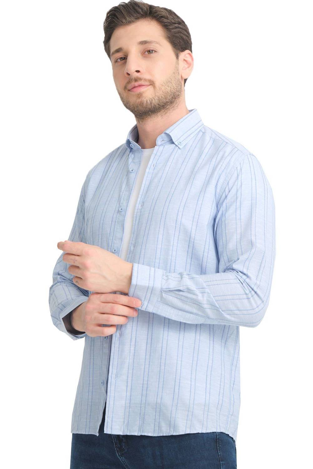 Varetta Mavi Çizgili Keten Pamuklu Cepsiz Uzun Kollu Gömlek