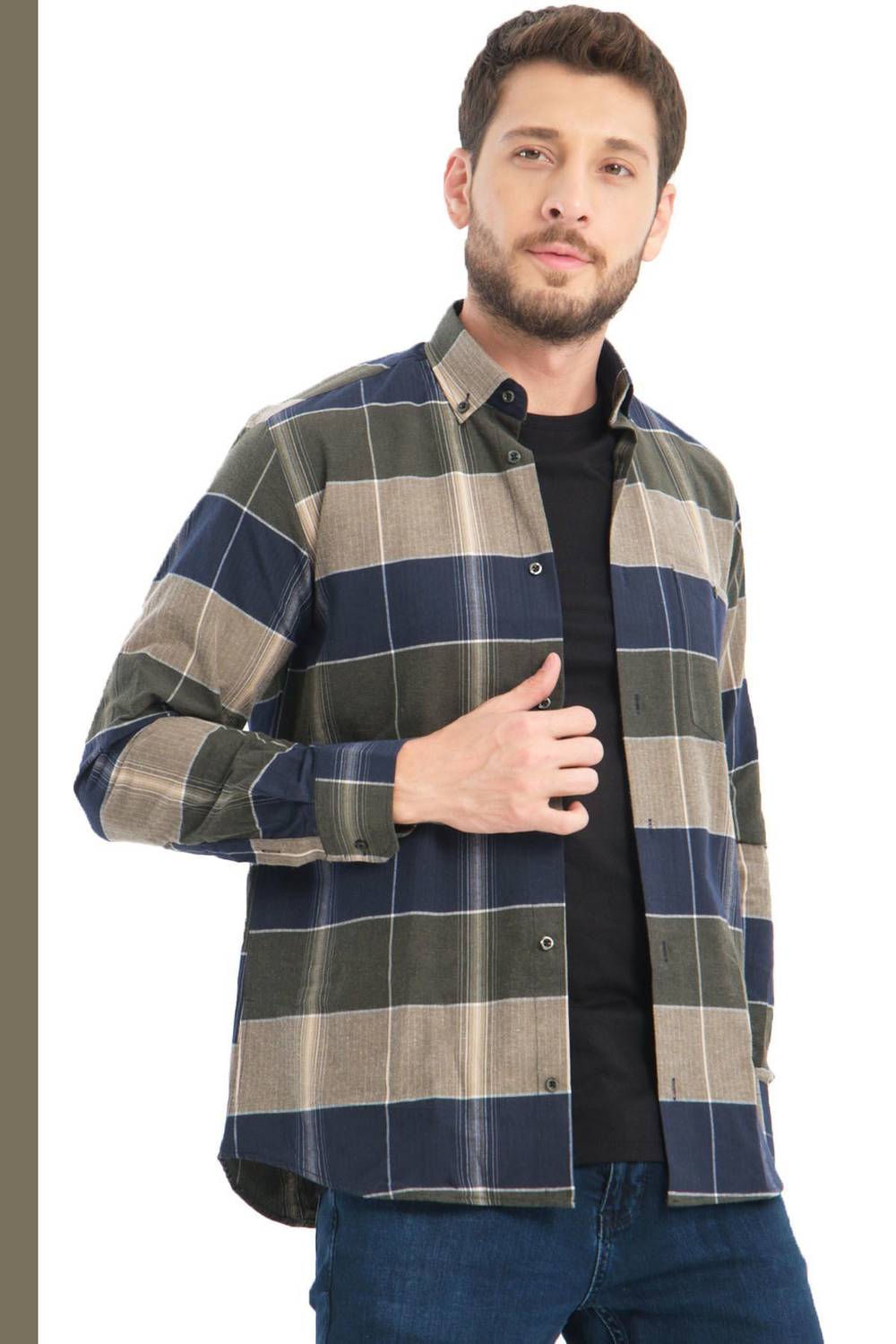 Varetta Erkek Yeşil Kışlık Kareli Yünlü Cepli Geniş Kesim Gömlek