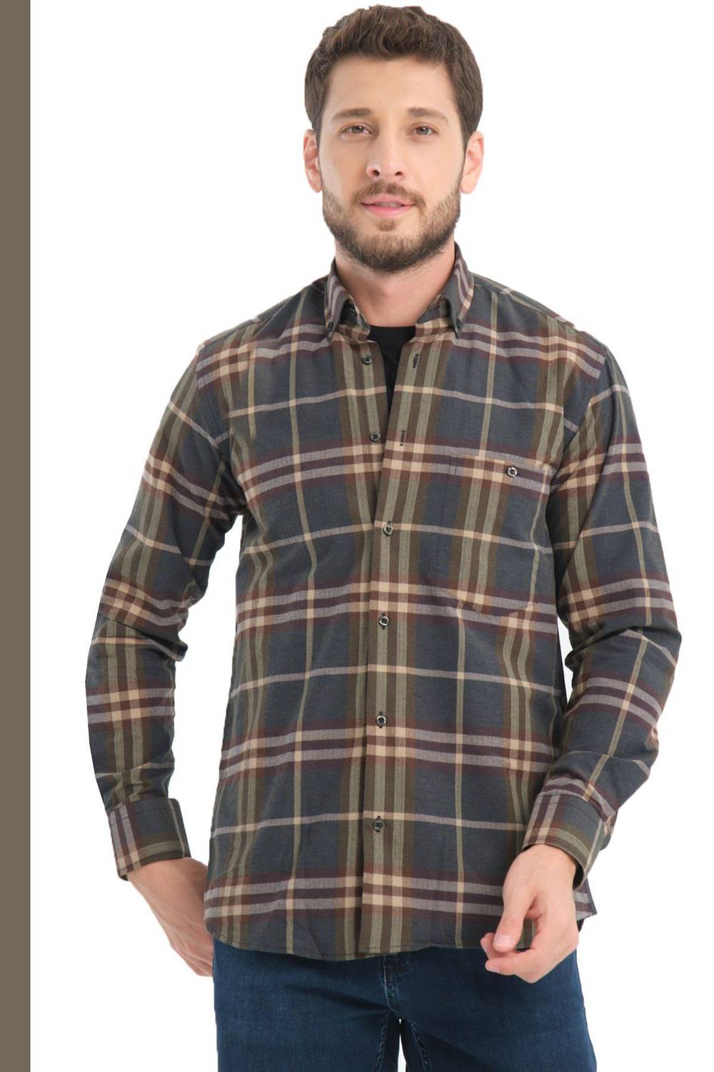 Varetta Erkek Bordo Yeşil Kışlık Kareli Yünlü Cepli Geniş Kesim Gömlek