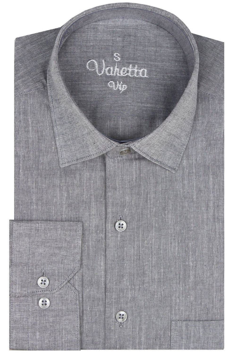 قميص قطن رجالي رمادي بأكمام طويلة مع جيوب وتأثير كتان تصميم عصري لراحة كاملة مناسب لجميع القياسات