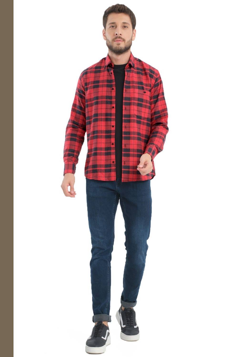 Varetta Erkek Siyah Kırmızı Kareli Yünlü Cepli Geniş Kesim Gömlek