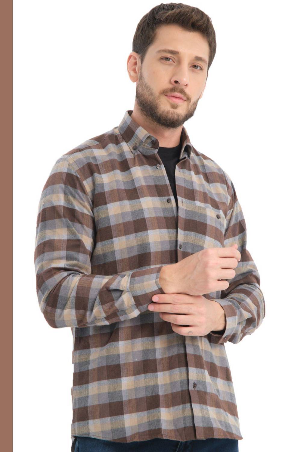 Чоловіча коричнева клітчата шершава рубашка з кишенями Varetta розширеного крою для зручності та стилю в зимовому образі