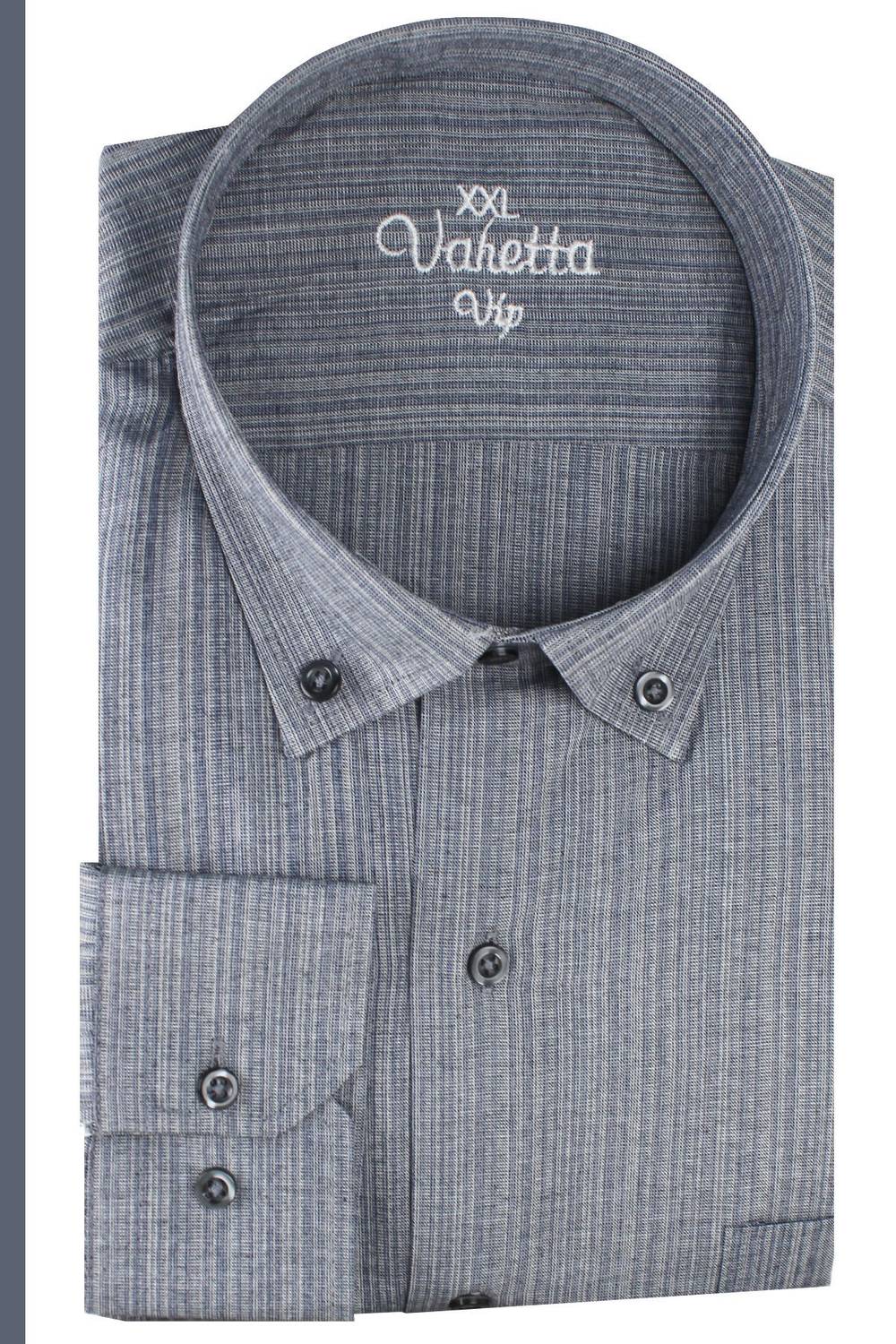 قميص طويل الأكمام للرجال بلون رمادي بخطوط، بزة كبيرة، مزود بجيوب، مصنوع من القطن، تصميم عصري ومريح