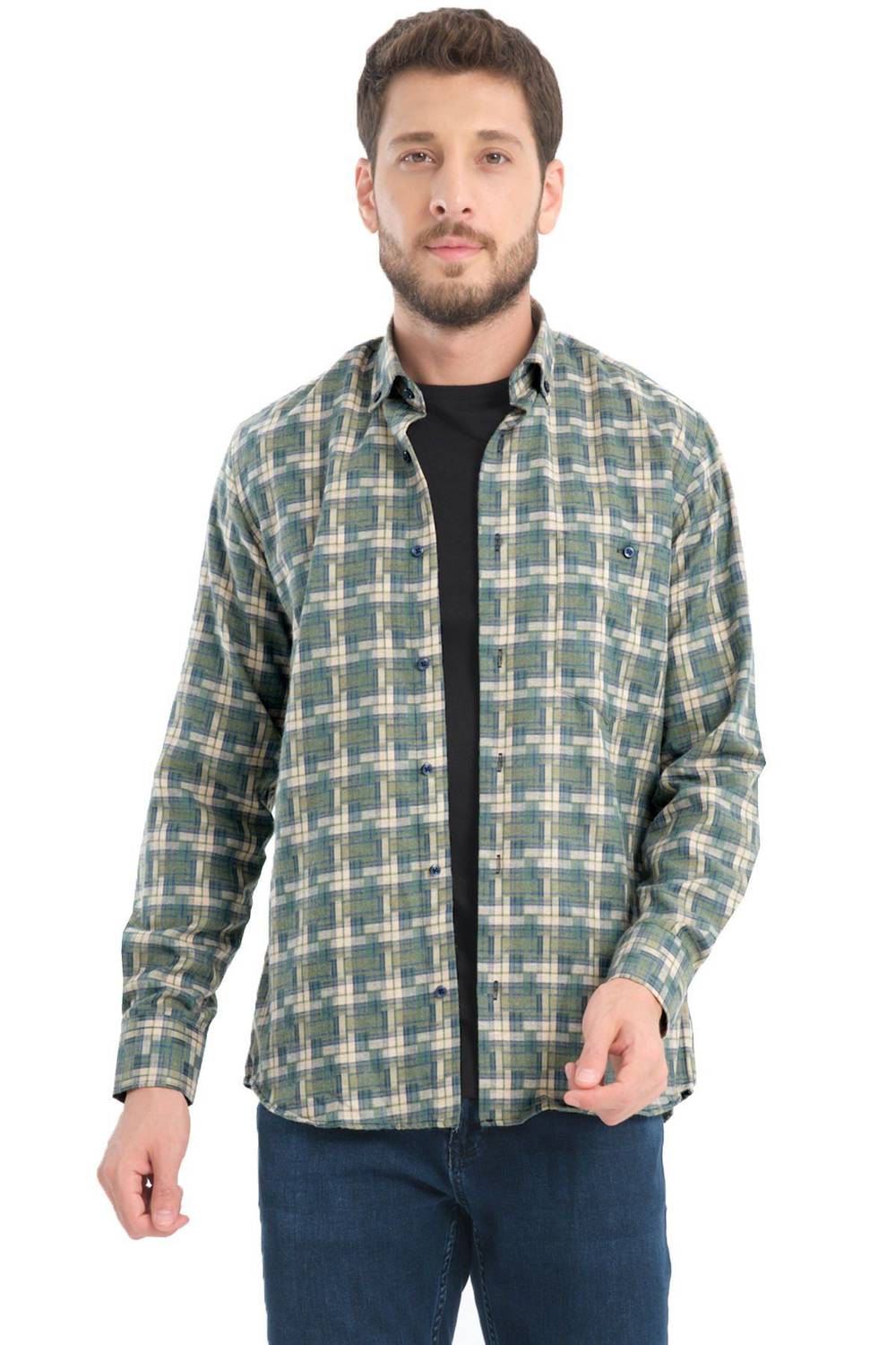 Varetta Erkek Yeşil Kışlık Kareli Yünlü Cepli Geniş Kesim Gömlek