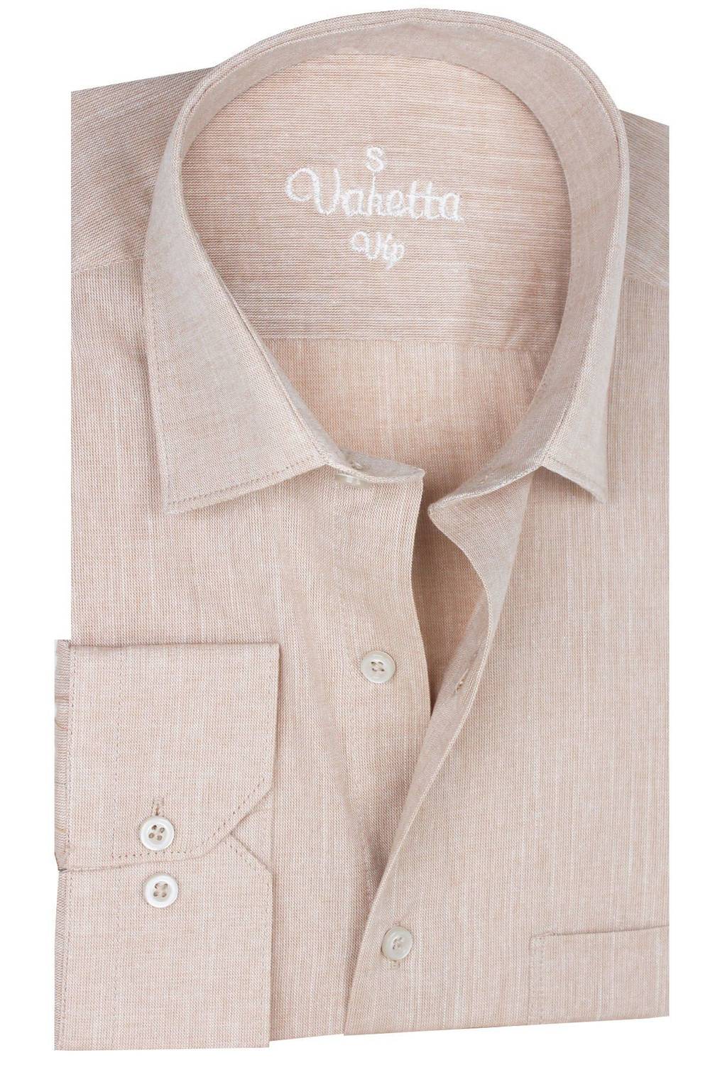 قميص رجالي مصنوع من القطن بتصميم كلاسيكي واسع مع جيوب وتأثير كتان بلون سموني فاتح