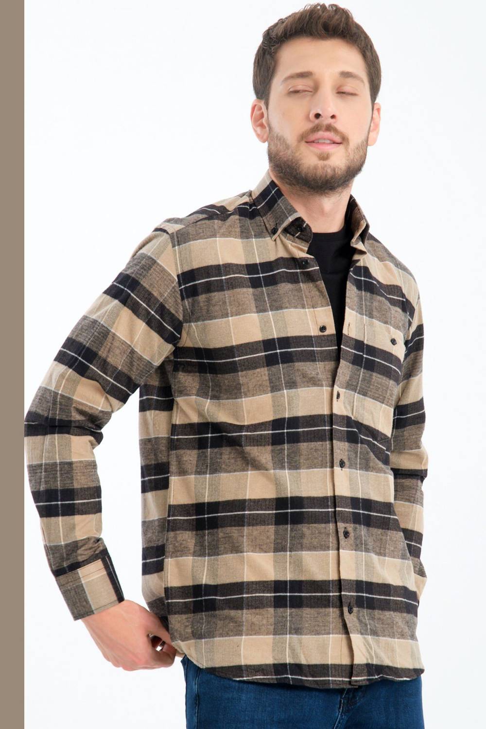 Varetta Erkek Kahverengi Siyah Kareli Yünlü Cepli Geniş Kesim Gömlek