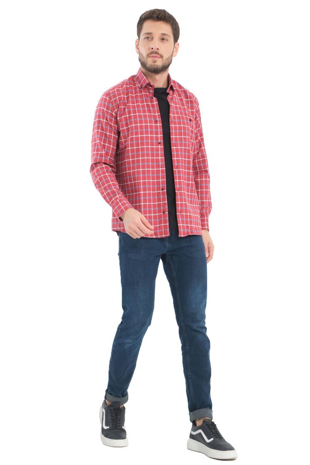 Червона чоловіча сорочка з вовни Varetta у клітинку, з кишенями та широким кроєм для зручності, ідеальна для зимових комбінацій