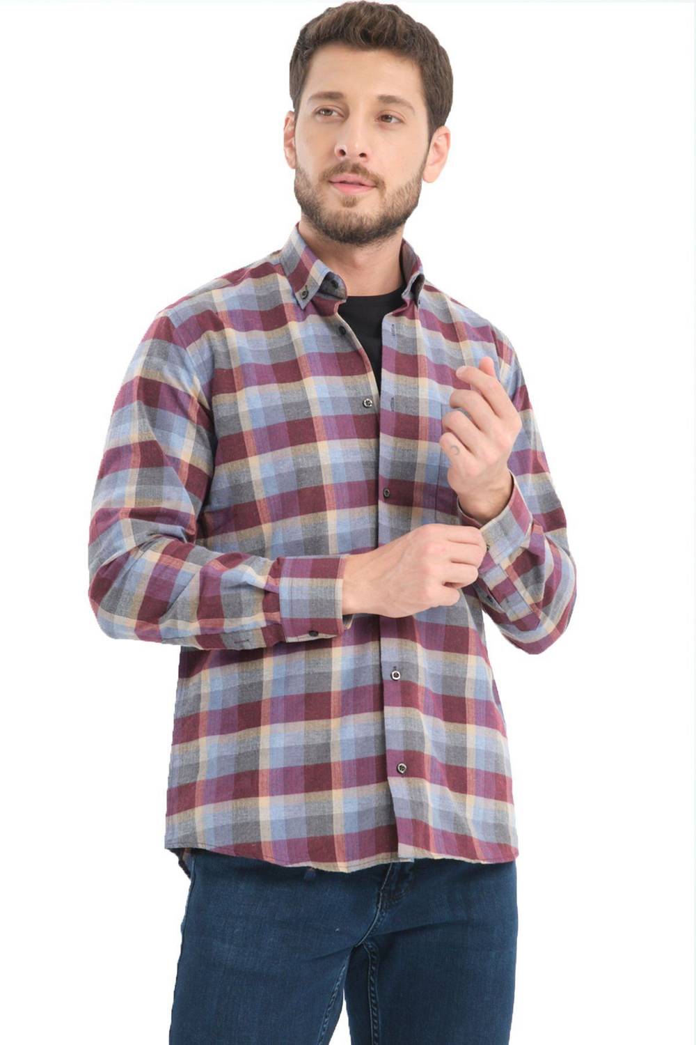 Varetta Erkek Gri Bordo Kareli Yünlü Cepli Geniş Kesim Gömlek