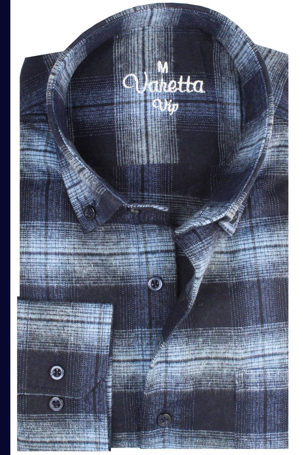 Чоловіча зимова сорочка з візерунком у клітинку Varetta темно-синього кольору з кишенями та вільним кроєм для комфорту
