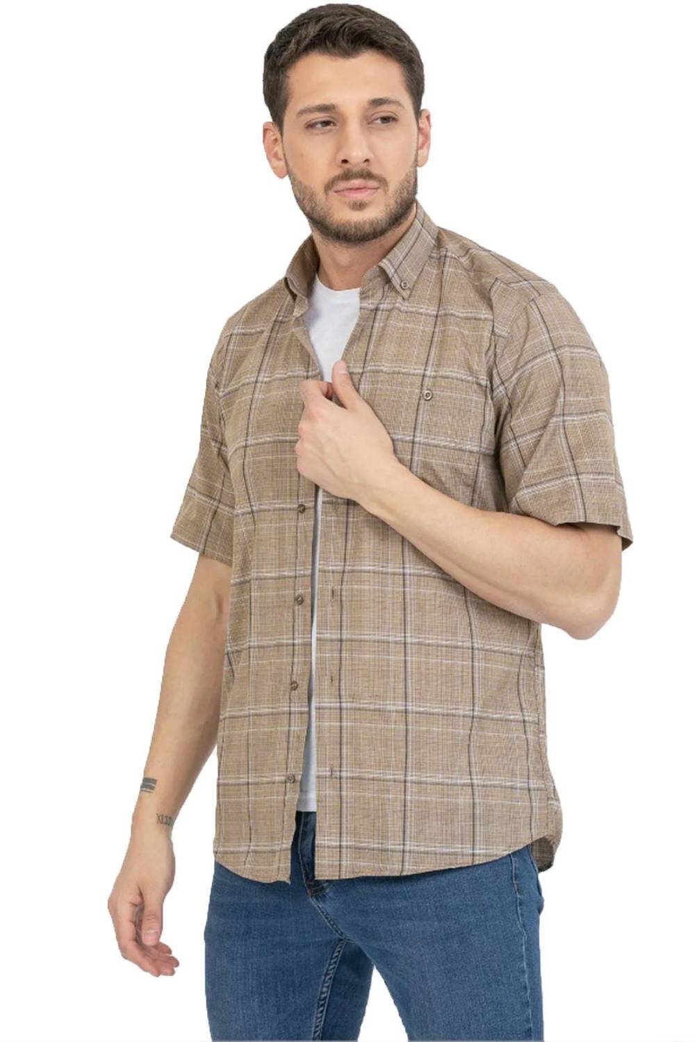 Varetta Men's Brown Checked Pocketed Summer Short Sleeve Shirt