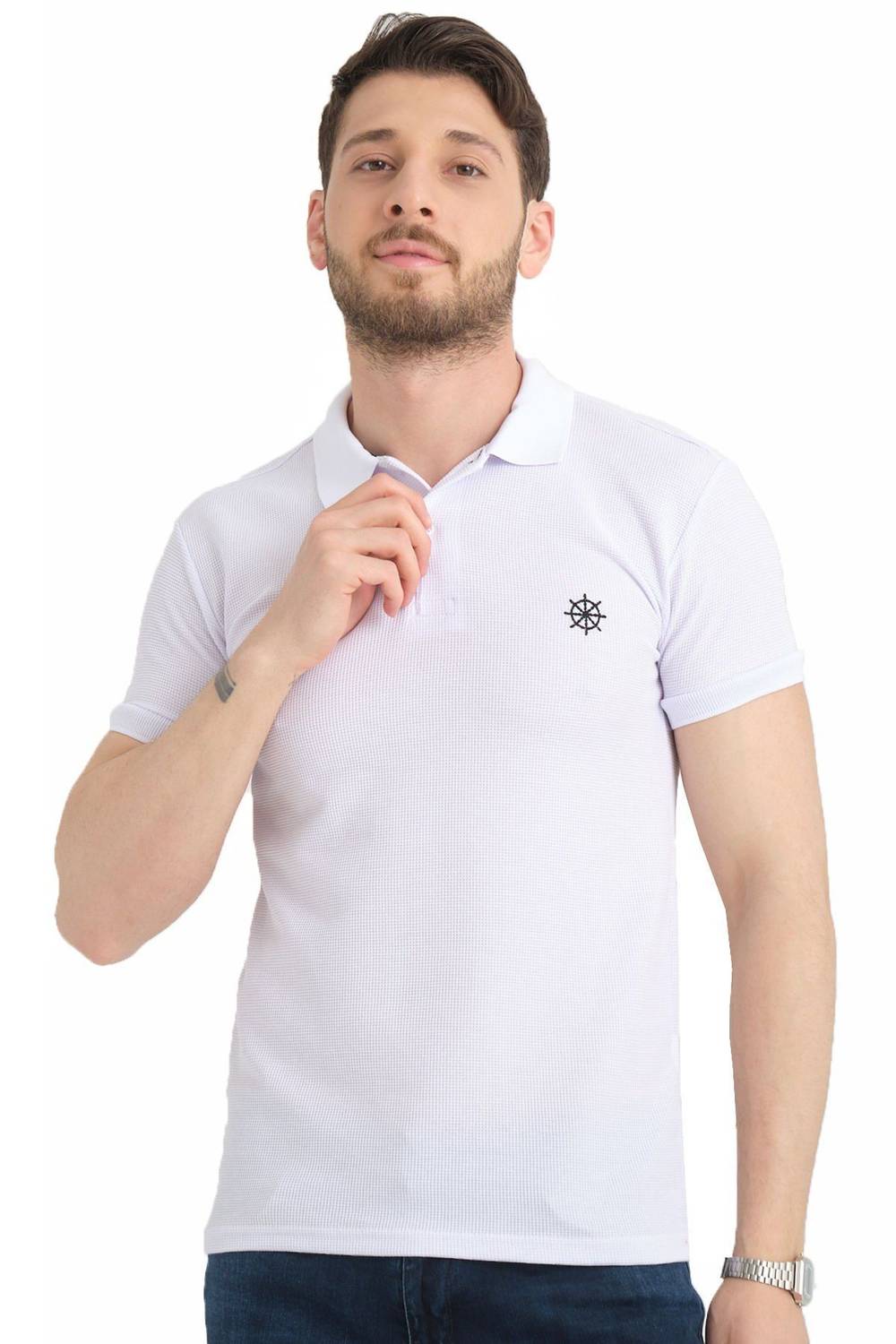 Varetta Men's White Cotton Waffle Polo T-Shirt for Comfort and Durability in Various Sizes