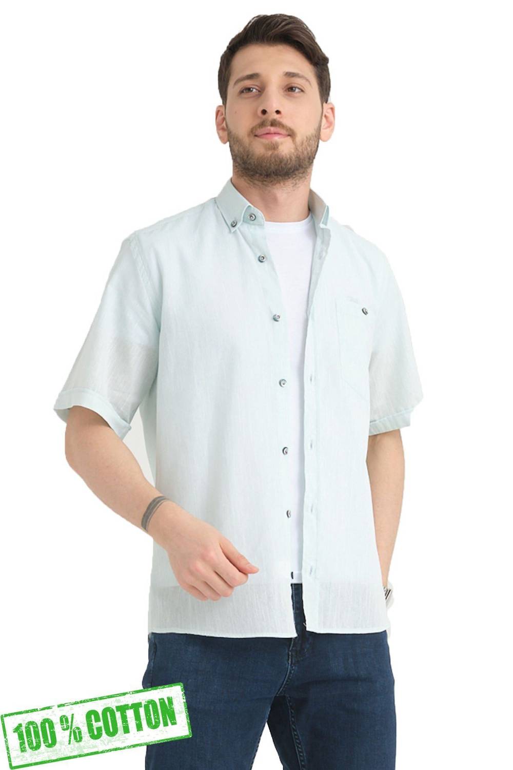 Varetta Erkek Su Yeşili Keten Cepli Kısa Kollu Gömlek