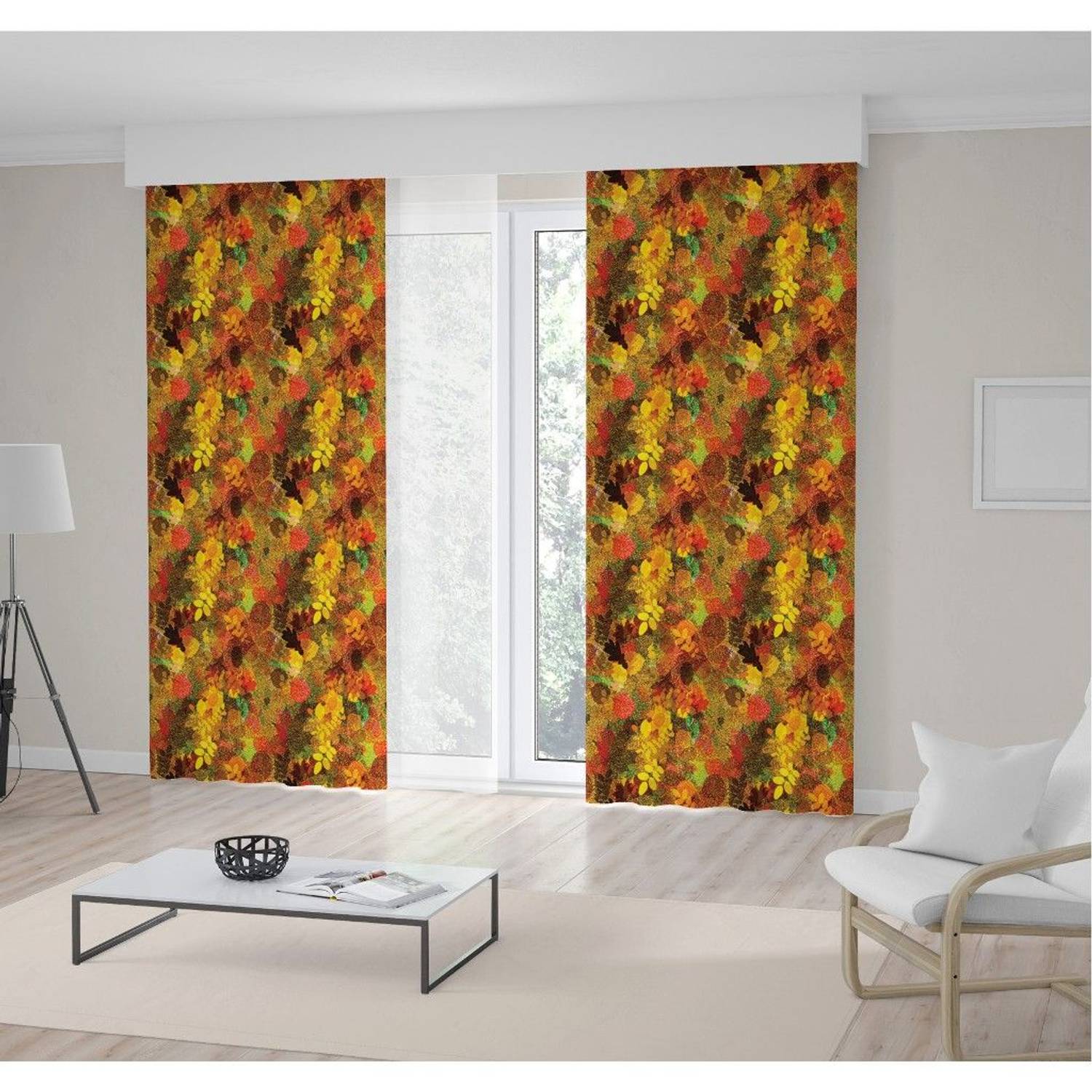 Printed Backdrop Curtain Autumn Themed Yellow Orange Leaf Pattern