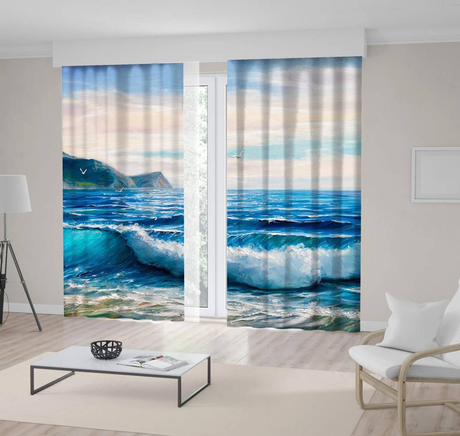 Printed Background Curtain Oil Paint Effect Sea Wave Pattern