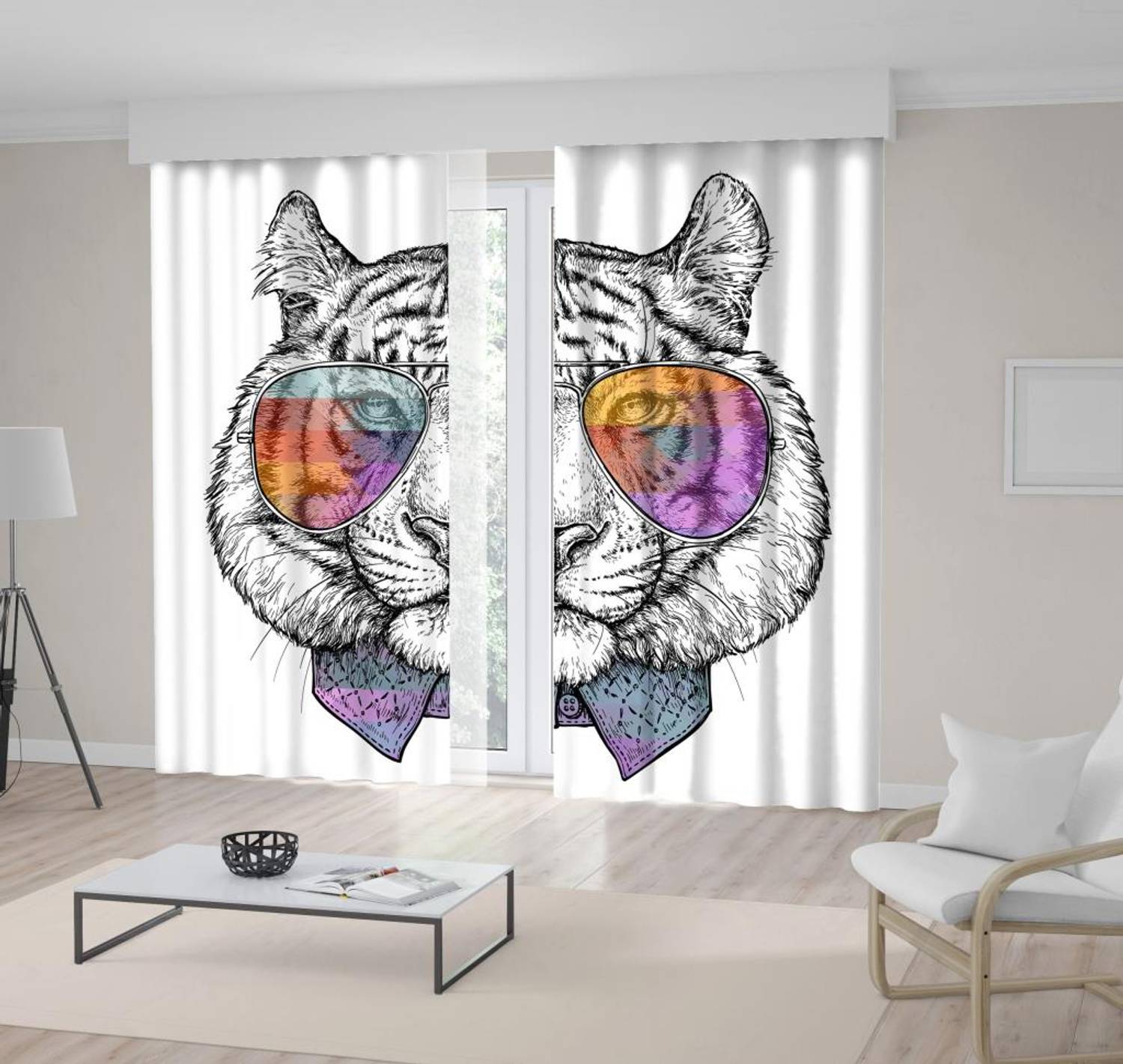 Printed Backdrop Curtain Hand Drawn Glasses Tiger Pattern