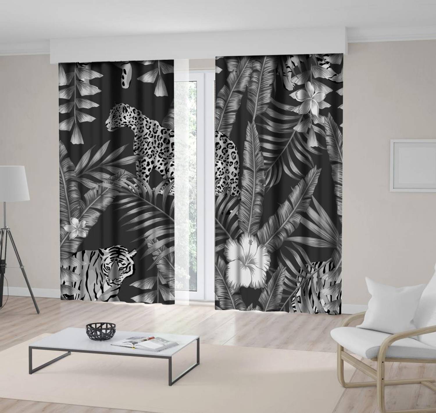 Printed Backdrop Curtain Gray Background Effect Palm Leaf Pattern