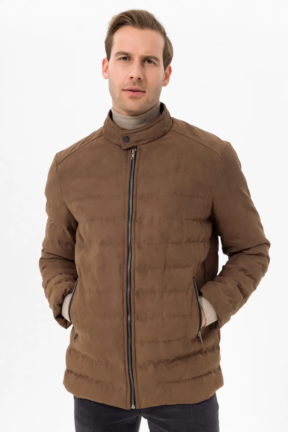 Стильный замшевый пиджак с узким кроем, цвет: темно-коричневый, 100% полиэстер, модель с воротником-стойкой, размеры: 50-56