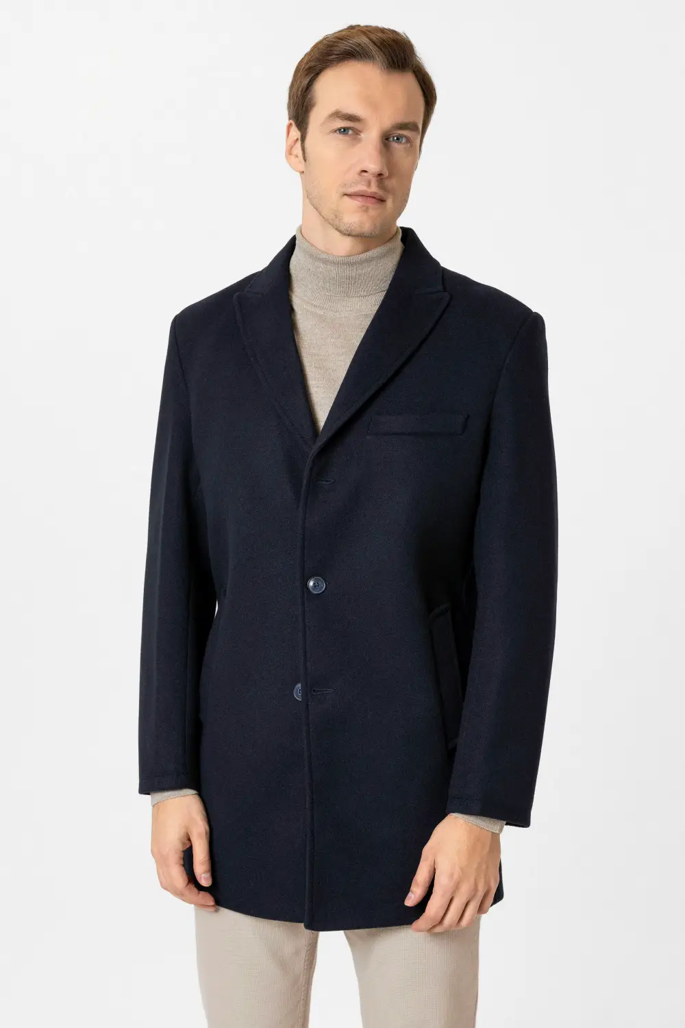 Слим-крой пальто с острым воротником, три пуговицы, боковые карманы, 90% полиэстер, 10% вискоза, цвет: темно-синий, размеры: 48-54