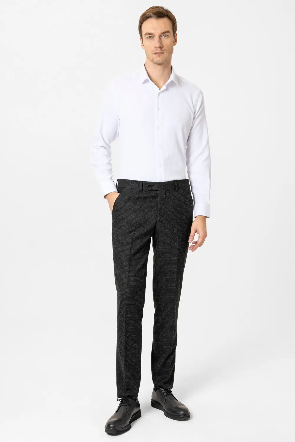 Регулярные брюки с узором, бизнес-кэжуал, черные, размеры 44-54, комфортная ткань (64% ПЭ, 34% ВИ, 2% ЭА)